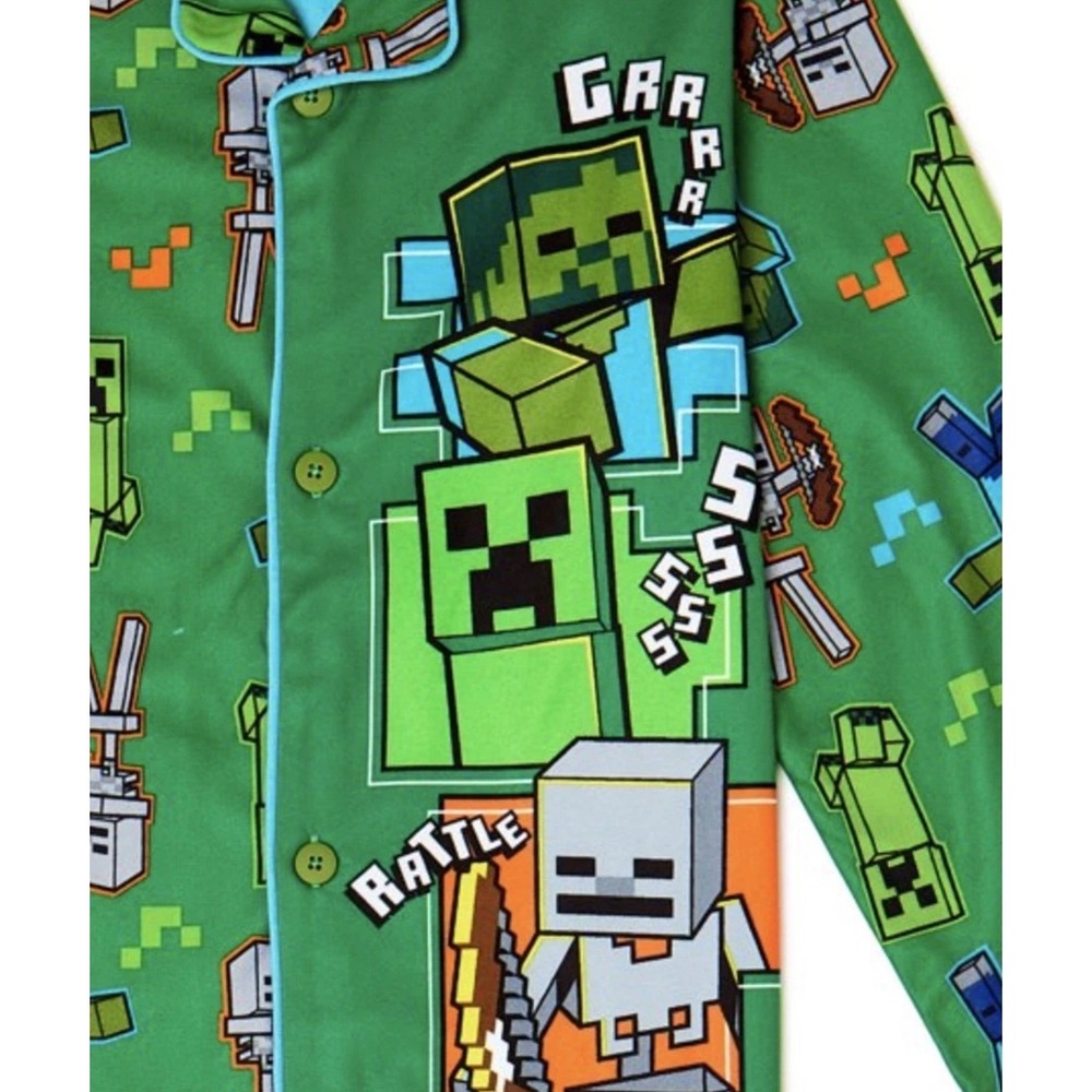 Minecraft Pajama Set Kids Size 10/12 Green New 2pc Button Down Sleepwear Creeper - Picture 4 of 9